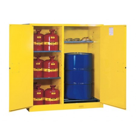 Sure-Grip® EX Dbl-Duty Safety Cabinet w/Drm Rlrs, partition/store drum/can, 3 shelves, 2 m/c doors
